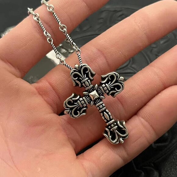 Chrome Heart Flame Cross Pendant Letter Necklace - Picture 1 of 2